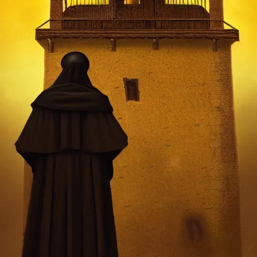 Image similar to A terrified catholic priest in his twenties at the top of a medieval tower watches as an ominous yellow shadow descends upon him from the night sky. He is een from above fervently praying. Dramatic lighting. Award-winning digital art, trending on ArtStation