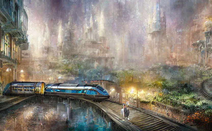 Image similar to An urban train rides inside of a waterway on a fantasy city, next to a fountain and a mystical palace. By William-Adolphe Bouguerea, Jordan grimmer, fractal flame. Highly_detailded