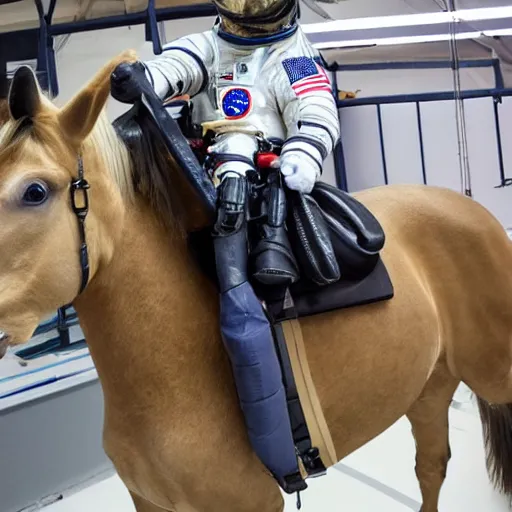 Prompt: a small horse rider sits on the back of an astronaut