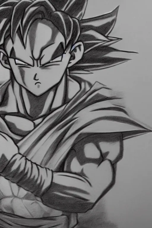 Prompt: a very detailed and hyper realistic charcoal drawing of goku fighting cell
