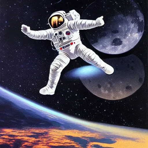 Image similar to extremely detailed painting of astronaut captain buzz lightyeahr floating in space, moon in the background, hyper realistic masterpiece by hajime sorayama