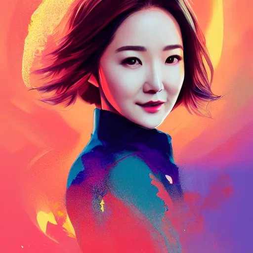 Prompt: half - electric park min young with cute - fine - face, pretty face, oil slick hair, perfect face, extremely fine details, volumetric lighting, dynamic background, poster by ilya kuvshinov katsuhiro otomo, magali villeneuve, artgerm, jeremy lipkin and michael garmash and rob rey, and silvain sarrailh