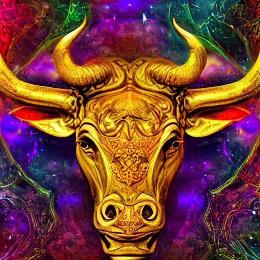 Prompt: Photorealistic physical manifestation of the zodiac taurus. Hyperdetailed photorealism, 108 megapixels, amazing depth, sharp focus, psychedelic overtones, 10k resolution, beautiful glowing colors