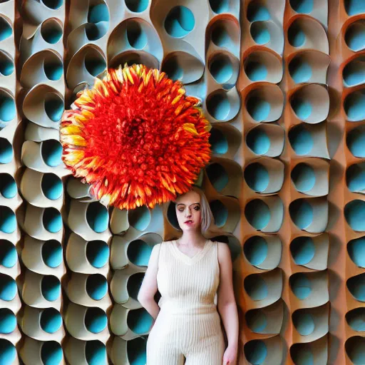 Image similar to giant flower head, frontal, girl standing in mid century hotel, surreal, symmetry, bright colors, cinematic, wes anderson