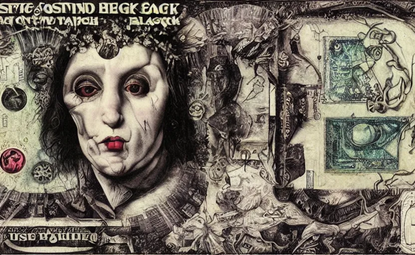 Image similar to post - punk new age album cover, asymmetrical design, dollar bank notes, capitalism, magic, apocalypse, psychedelic, black white pink, magic, giger h. r., giuseppe arcimboldo