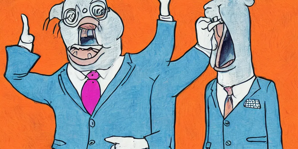 Image similar to an anthropomorphic catfish wearing a suit giving a thumbs up, colourful background, by lisa hanawalt, by wanda gag