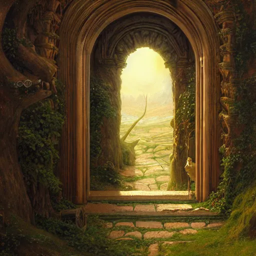 Image similar to a beautiful and highly detailed matte painting of an ancient elven doorway to avalon, epic scale, insanely complex, hyperdetailed, sharp focus, hyperrealism, artstation, cgsociety, 8 k, by caspar friedrich, albert bierstadt, james gurney, brian froud,