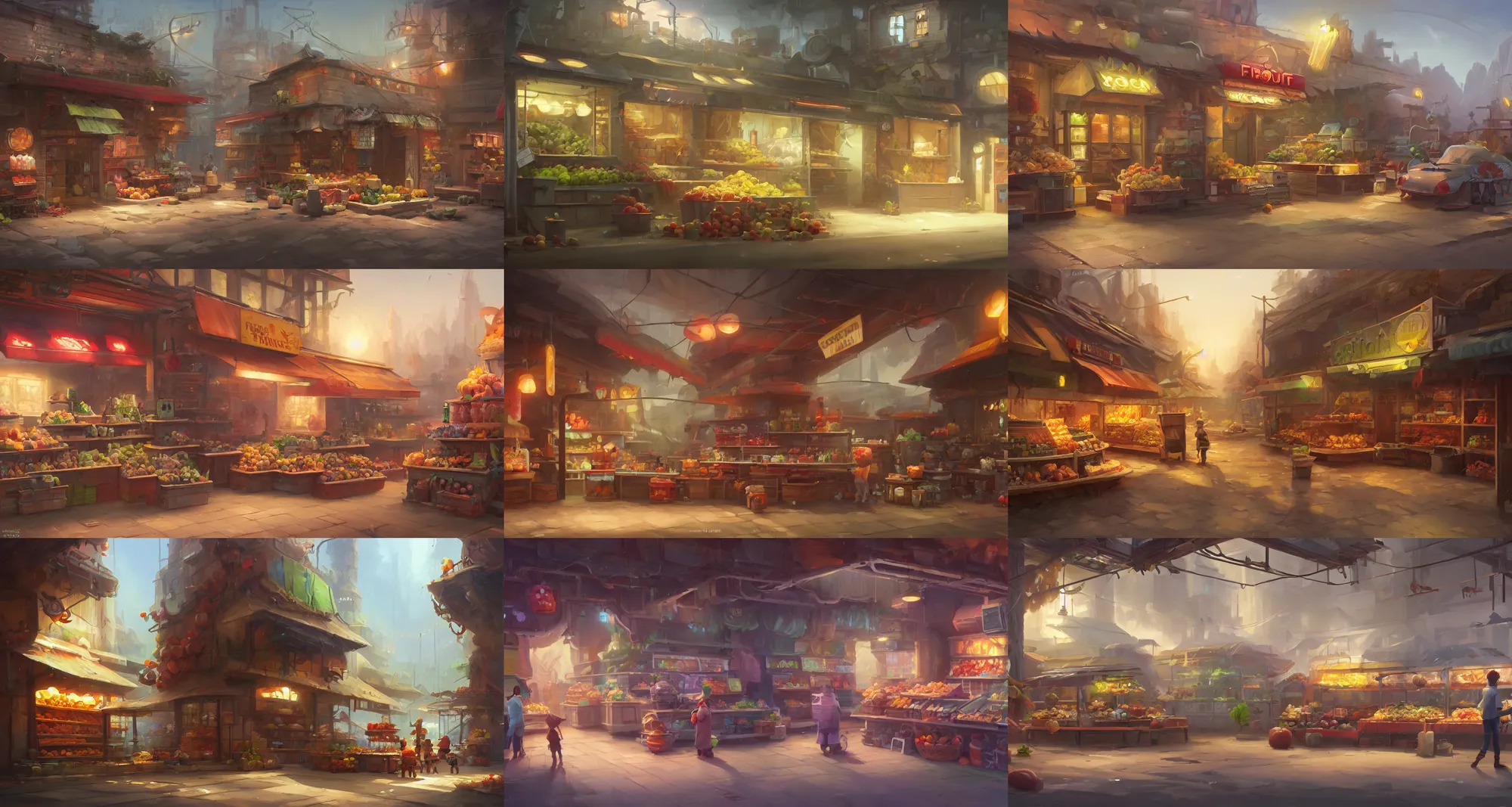 Prompt: fruit store, concept art by noah bradley, darek zabrocki, tyler edlin, jordan grimmer, neil blevins, james paick, natasha tan, highly detailed, ultra detailed, ultra realistic, trending on artstation