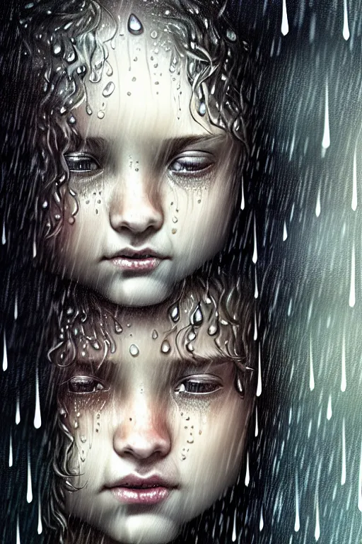 Image similar to portrait of a girl in the upside down rain with wet hair and face, fantasy, intricate, elegant, dramatic lighting, emotionally evoking symbolic metaphor, highly detailed, lifelike, photorealistic, digital painting, artstation, concept art, smooth, sharp focus, illustration, art by John Collier and Albert Aublet and Krenz Cushart and Artem Demura and Alphonse Mucha