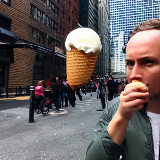 Image similar to an angry god looking at his tiny ice cream cone in nyc.