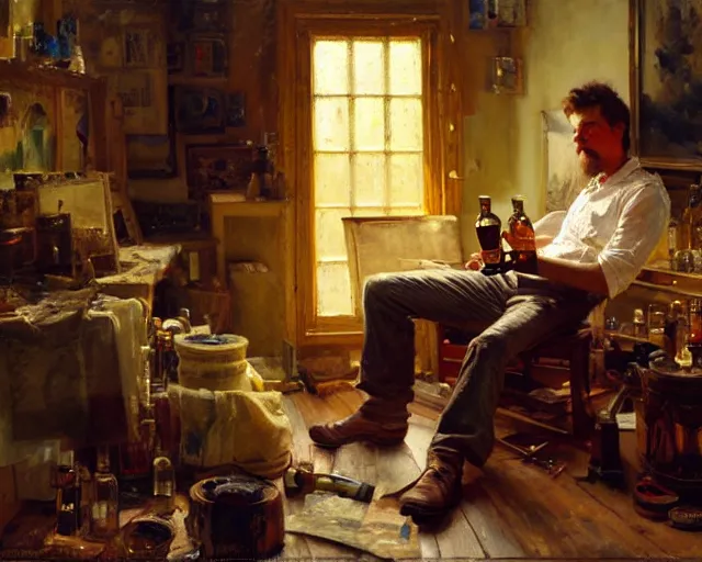 Image similar to an exhausted painter in his studio with a bottle of whisky. highly detailed painting by gaston bussiere, craig mullins, j. c. leyendecker 8 k