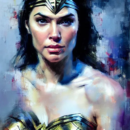 Image similar to face protrait of wonder woman, realistic, ultrahd, jeremy mann painting