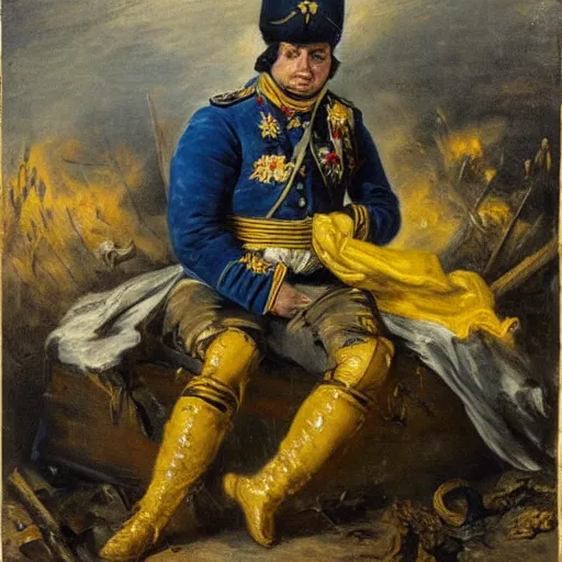 Image similar to Volodymyr Zelensky at war, dressed like Napoleon Bonaparte, sitting on the ground between dead corpses and weeping, holding a half burnt blue and yellow flag of Ukraine, sharp focus, in the style of Peter Paul Rubens