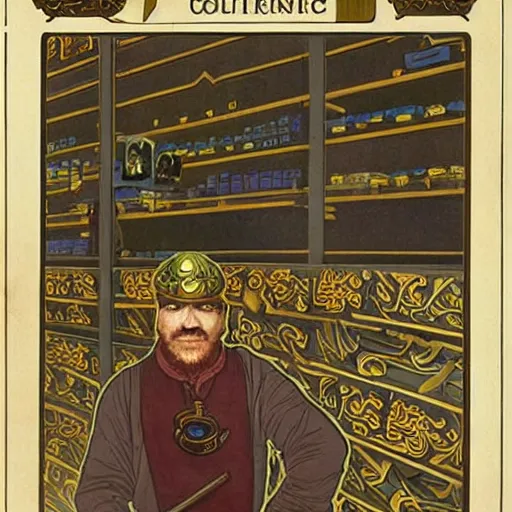 Prompt: byzantine bureaucrat wearing coolie hat and VR goggles with scrolling Chinese Arabic text standing behind counter in Hong Kong market, Dune concept art by Greg Rutkowkski, Brom, and Alphonse Mucha