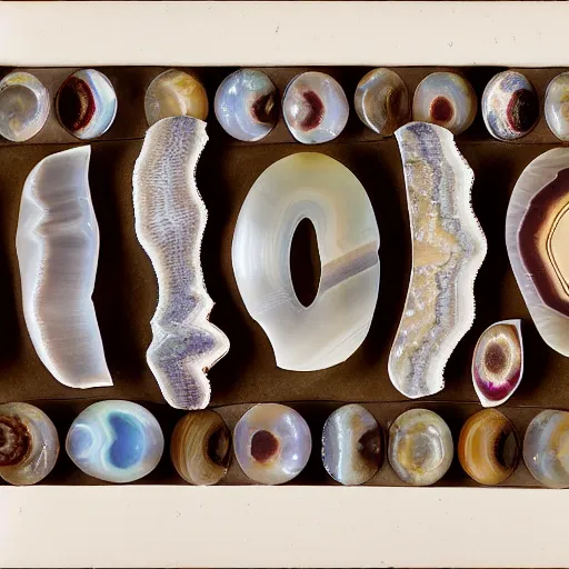 Image similar to a studio portrait of banded agates with letters in the banding white background