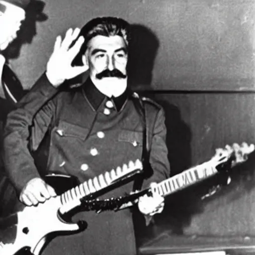 Image similar to a picture of Joseph Stalin playing heavy metal on stage