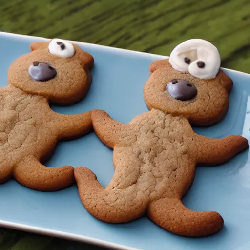 Image similar to cookies shaped like otters, photograph, cookies, otters