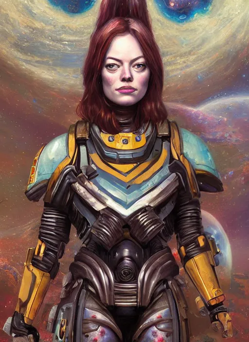 Image similar to cosmic portrait of emma stone as a space marine, apocalypse, naturel, hyper detailed, digital art, trending in artstation, cinematic lighting, studio quality, smooth render, unreal engine 5 rendered, octane rendered, art style by klimt and nixeu and ian sprigger and wlop and krenz cushart.