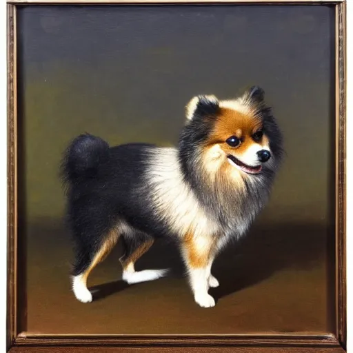 Prompt: Pomeranian dog with tiny tennis ball in his mouth, standing at the edge of a giant void, numbers flying all around him, oil painting