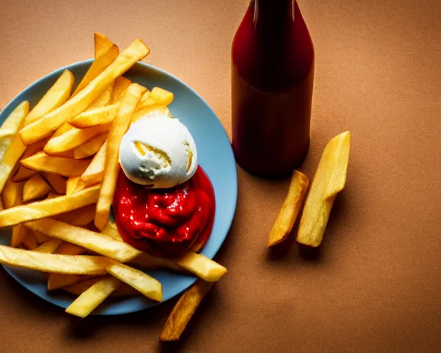 Image similar to dslr food photograph of vanilla ice cream with ketchup on, a leaf of basil on the ice cream, french fries on the side, a bottle of ketchup, bokeh, 8 5 mm f 1. 4