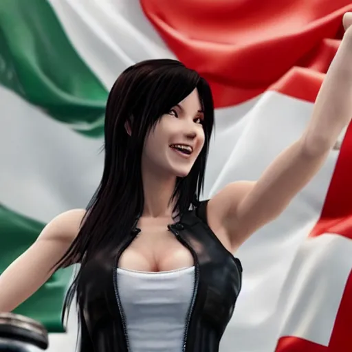 Image similar to Tifa Lockhart from Final Fantasy VII Remake (2020) laughing with the Italian flag in the background