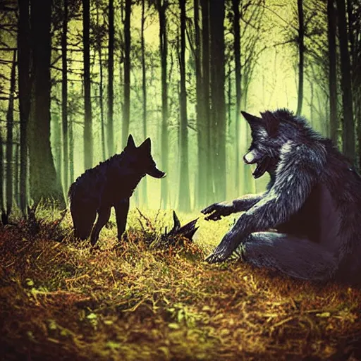 Prompt: werecreature consisting of! human and wolf, profressional photograph captured in a forest