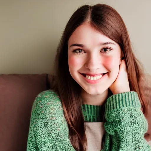 Image similar to a cute young woman smiling, long shiny bronze brown hair, full round face, green eyes, medium skin tone, light cute freckles, smiling softly, wearing casual clothing, relaxing on a modern couch, interior lighting, cozy living room background, medium shot, mid-shot, soft focus