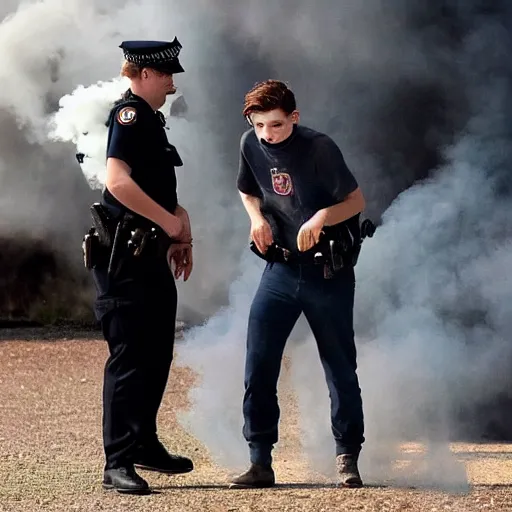 Image similar to tom holland getting arrested while exhaling a cloud of smoke, candid photography