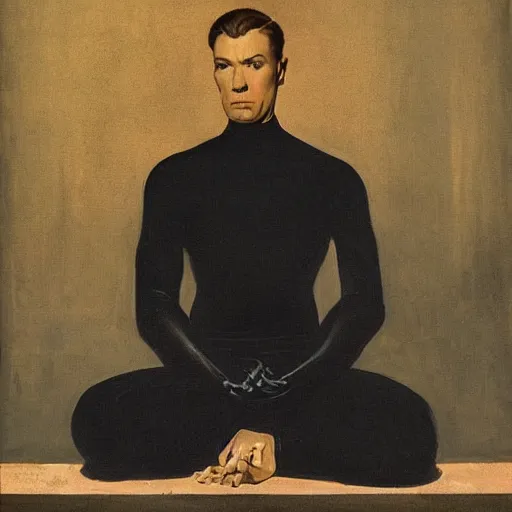 Prompt: man in black in meditation pose in new york city, city view, by leyendecker s-20