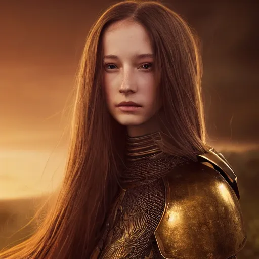 Prompt: pure and kind aristocratic long straight brunette female wearing an armour portrait, innocent, pure, naive, atmospheric lighting, painted, intricate, volumetric lighting, beautiful, rich deep colours masterpiece, golden hour, sharp focus, ultra detailed, by leesha hannigan, ross tran, thierry doizon, kai carpenter, ignacio fernandez rios