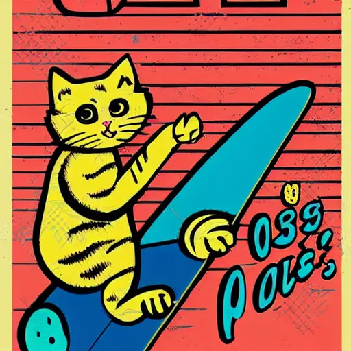 Image similar to 9 0's, 1 9 9 0 s style poster with a cat riding on a skateboard giving a peace sign ✌