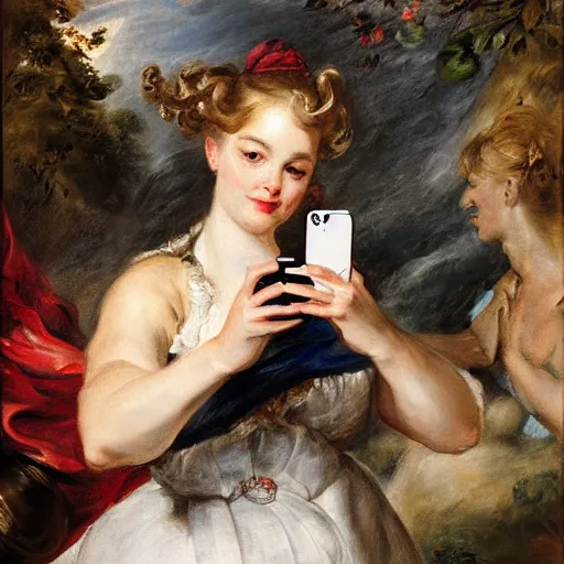 Image similar to heavenly summer sharp land sphere scallop well dressed lady taking a selfie with her iphone auslese, by peter paul rubens and eugene delacroix and karol bak, hyperrealism, digital illustration, fauvist, iphone