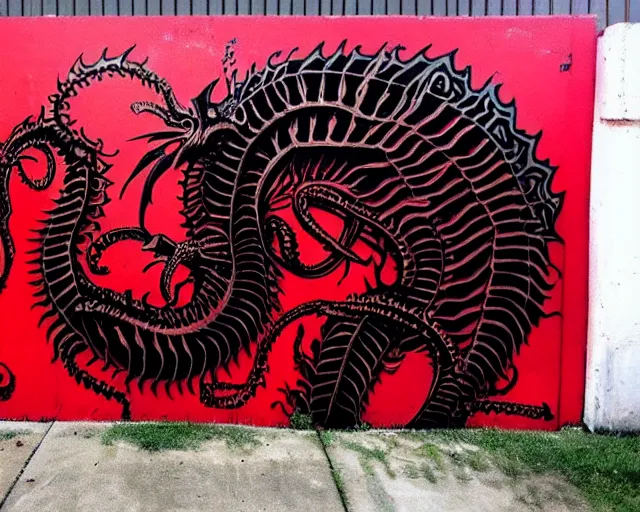 Image similar to a wall that has some lovecraftian graffiti on it inspired by wretched dragon rib cage. red and black colors.