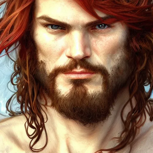 Image similar to portrait of a young ruggedly handsome but cantankerous pirate, male, masculine, upper body, red hair, long hair, d & d, fantasy, bashful smirk, intricate, elegant, highly detailed, digital painting, artstation, concept art, matte, sharp focus, illustration, art by artgerm and greg rutkowski and alphonse mucha