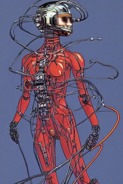 Image similar to A beautiful woman wearing a cybernetic helmet with many wires plugged into is and in her body by Moebius and Rahzzah