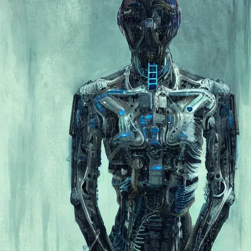 Image similar to a hyper - detailed fine painting of a synthetic man ( cyber - organic ), dystopian concept art
