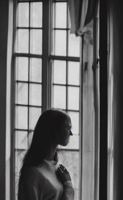Prompt: a beautiful photograph of a woman standing in a dark room next to a window on a sunny day, dramatic composition