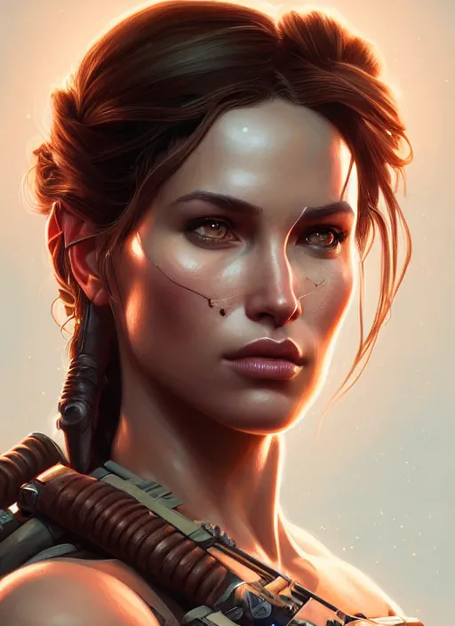 Image similar to symmetry!! portrait of lara croft, floral! horizon zero dawn machine, intricate, elegant, highly detailed, digital painting, artstation, concept art, smooth, sharp focus, illustration, art by artgerm and greg rutkowski and alphonse mucha, 8 k