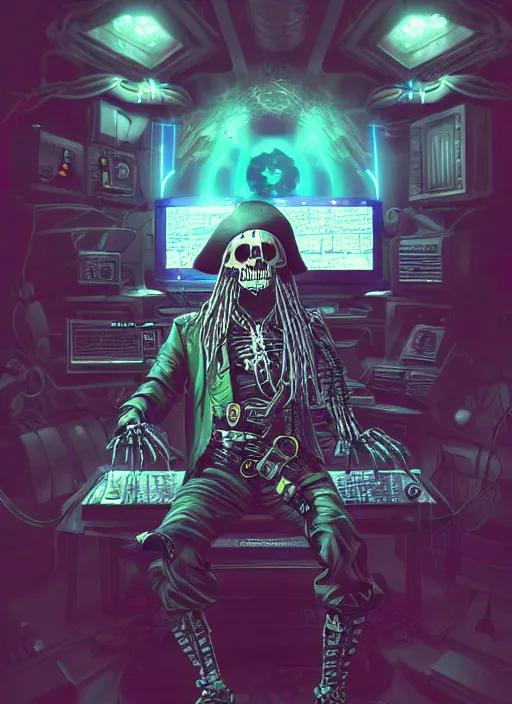 Prompt: a cyberpunk hacker pirate captain skeleton with a pirate hat sitting in front of a crt monitor programming in a dark room, light coming from crt monitor, highly detailed, intricate, digital art, trending on artstation, trending on cgsociety