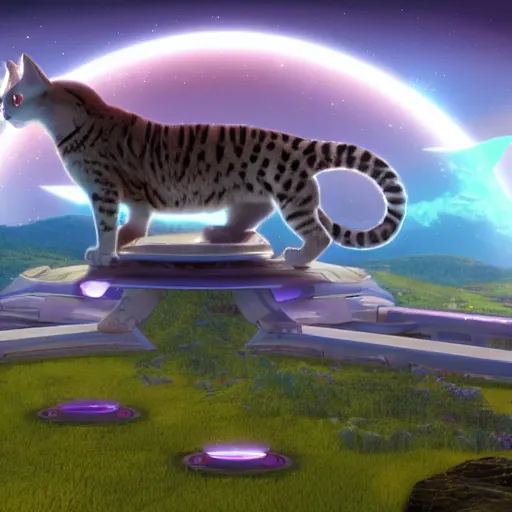 Image similar to Stellaris feline portrait, ringworld arcology background