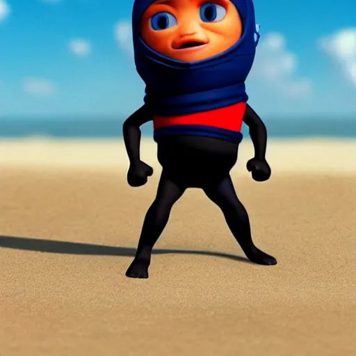 Prompt: a ninja character, on the beach, sunny day, pixar