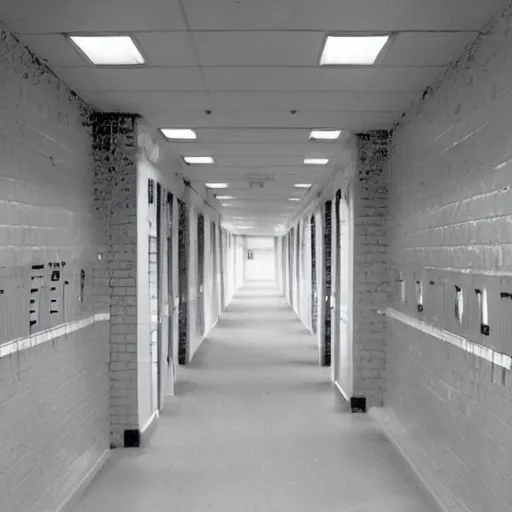 Image similar to the interior of an empty school hallway, small, cramped, blue lockers, large painted white brick walls, dim fluorescent lighting, circa 2 0 0 2