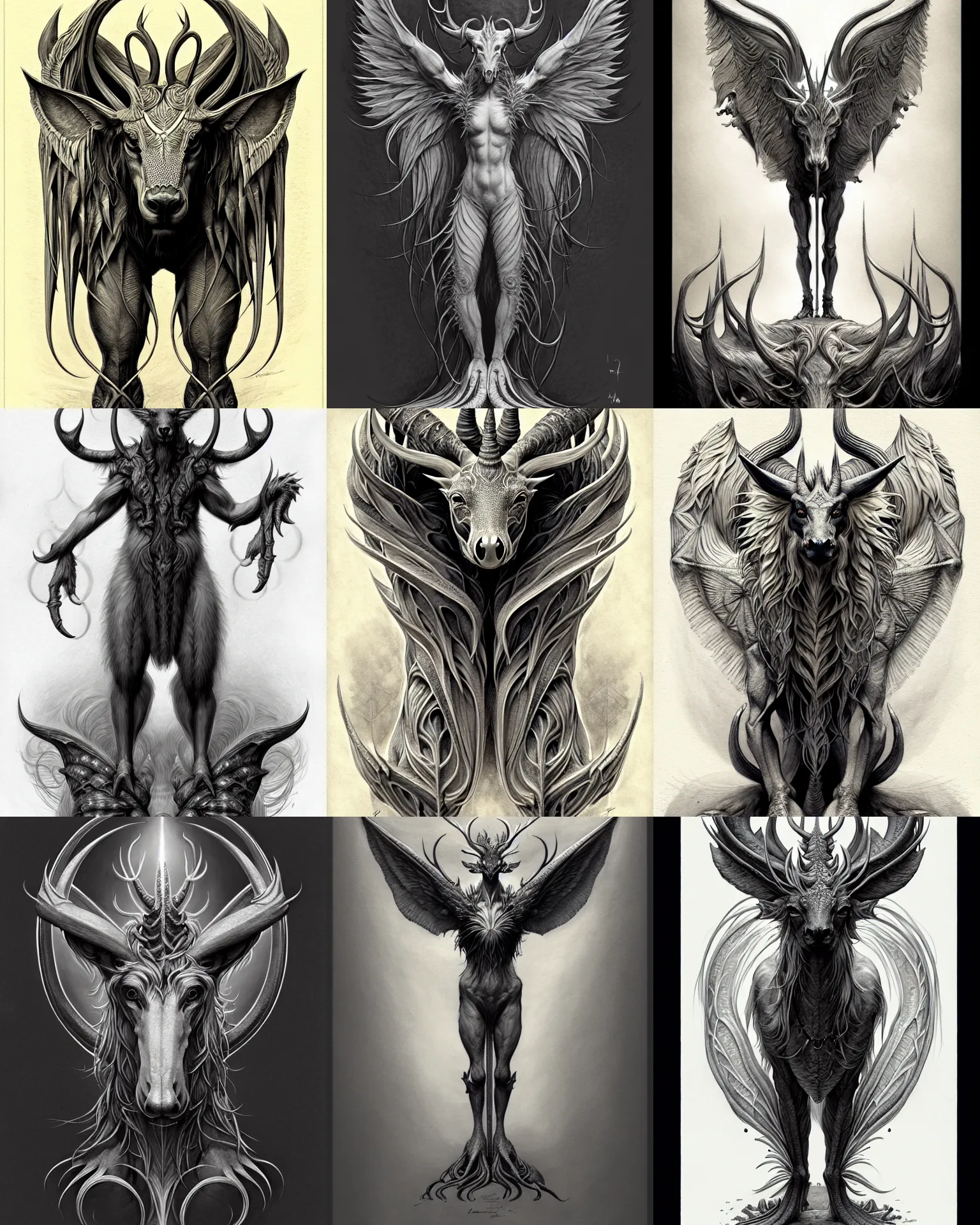 Prompt: a incredible symmetrical concept design, a full body portrait of a mythical creature by jean - baptiste monge, concept design, page scan of concept art, illustration, symmetry, desaturated, 8 k matte, concept art, detailed