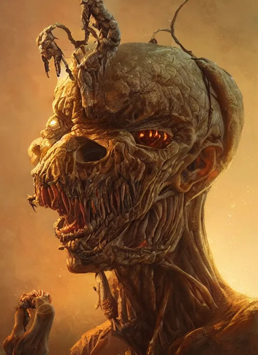 Image similar to highly detailed portrait of pumpkinhead, realistic, horror, fantasy art by greg rutkowski, stanley artgerm, loish, rhads, tom bagshaw, global illumination, radiant light, detailed and intricate environment