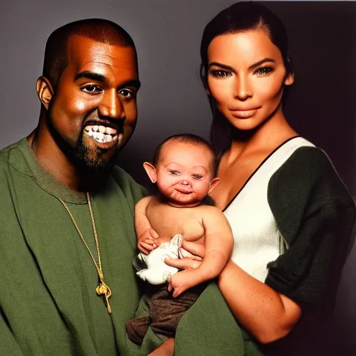 Image similar to kanye west smiling and holding holding babyyoda for a 1 9 9 0 s sitcom tv show, studio photograph, portrait c 1 2. 0