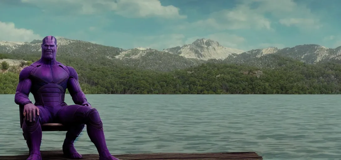 Image similar to a very high resolution image from a new movie. thanos sitting on chair in a lake, photorealistic, photography, directed by wes anderson