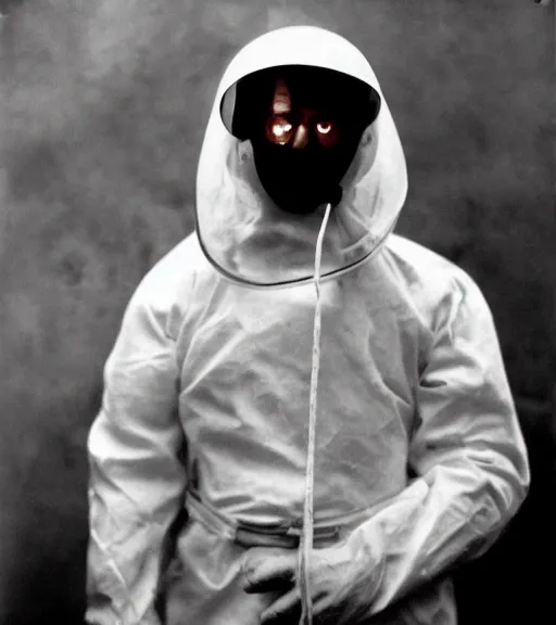 Image similar to man in a anti-radiation hazmat suit, ww1 film photo, grainy, high detail, high resolution