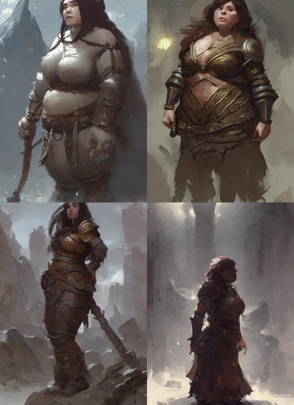 Prompt: female dwarven woman, chubby short stature | by greg rutkowski