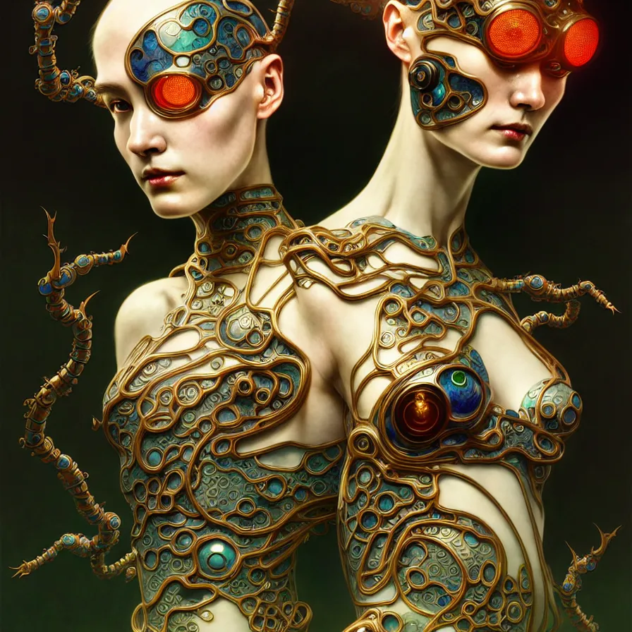 Prompt: organic cyborg, chinese cloisonne porcelain, diffuse lighting, fantasy, intricate, elegant, highly detailed, lifelike, photorealistic, digital painting, artstation, illustration, concept art, smooth, sharp focus, art by john collier and albert aublet and krenz cushart and artem demura and alphonse mucha