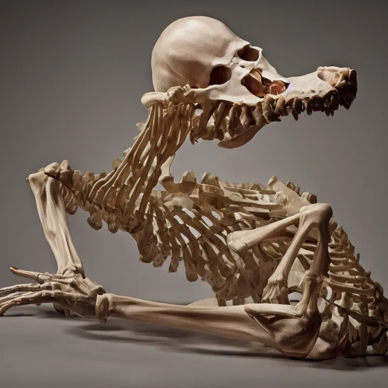 Prompt: hyperrealistic sculpture of a giant wolf skeleton with some flesh attached on a pedestal by ron mueck and duane hanson and damien hirst, hyperrealistic dramatic colored lighting trending on artstation 8 k